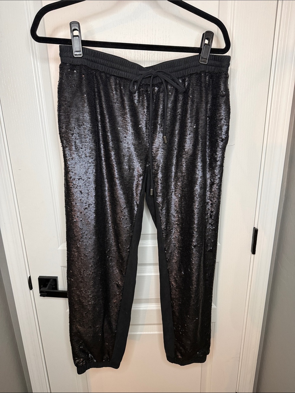 Anthropologie Black Sequin Track Joggers with Drawstring - Picture 6 of 11